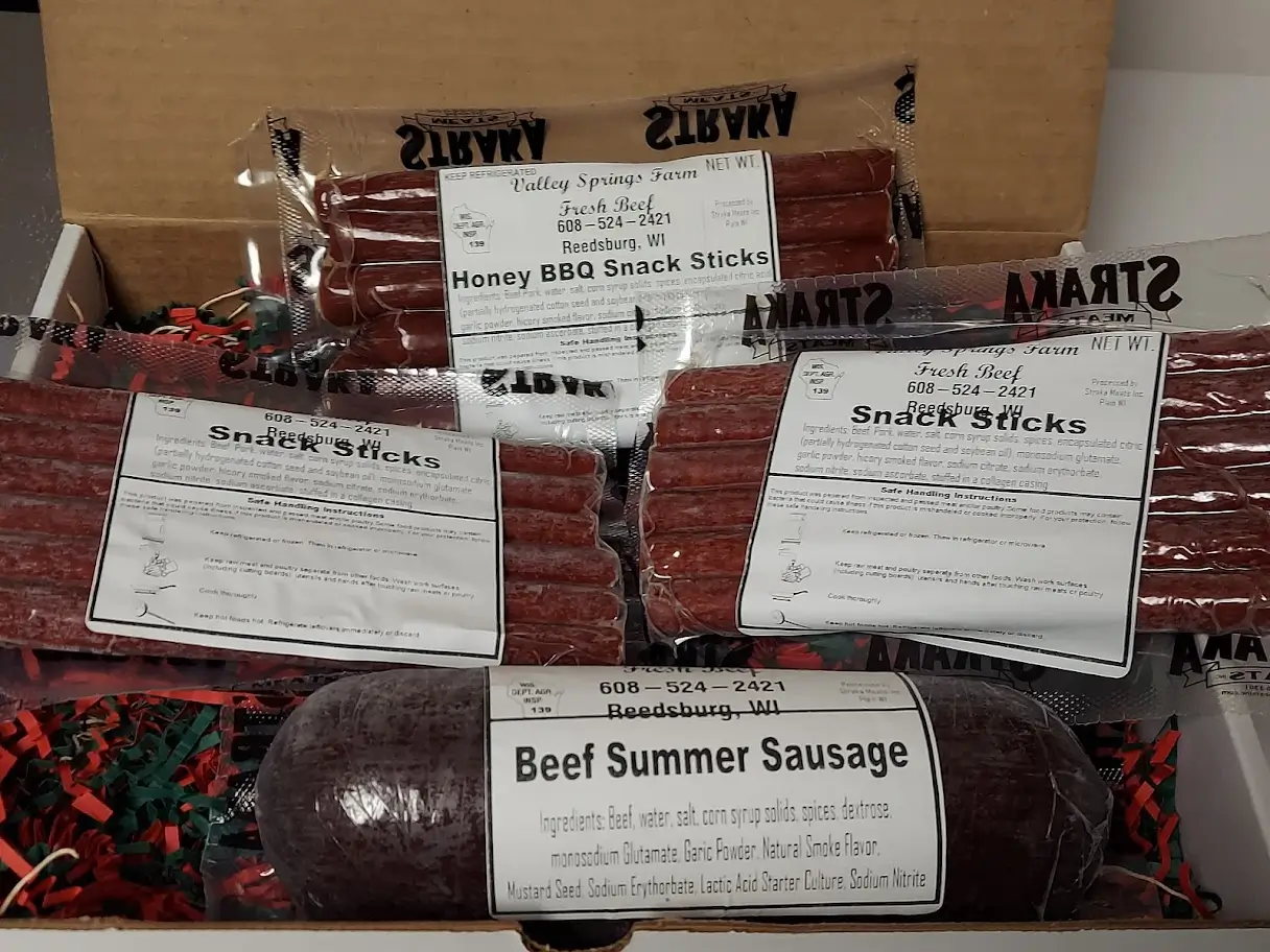 Valley Springs Farm beef snack sticks and summer sausage products.